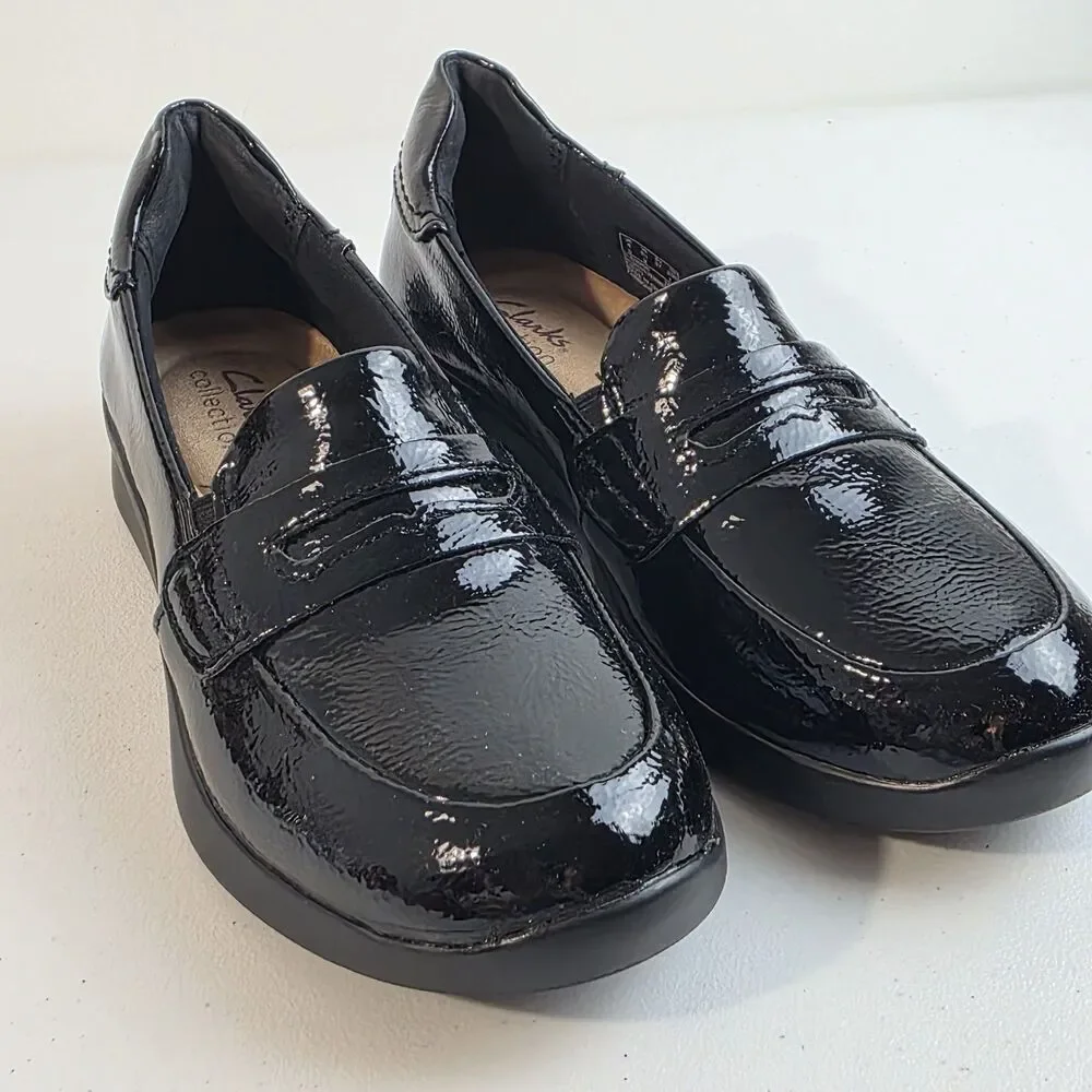 Clarks Originals Womens Ellowyn Penny Black Crinkle Pat Loafers Sz 6.5 M NEW NIB